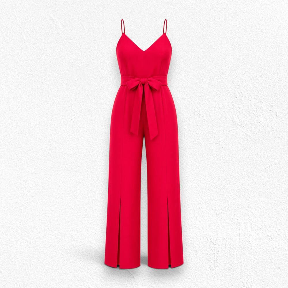 Dress the Population Stevie Rouge Red Slit Wide Leg Jumpsuit Medium NWT Belted
